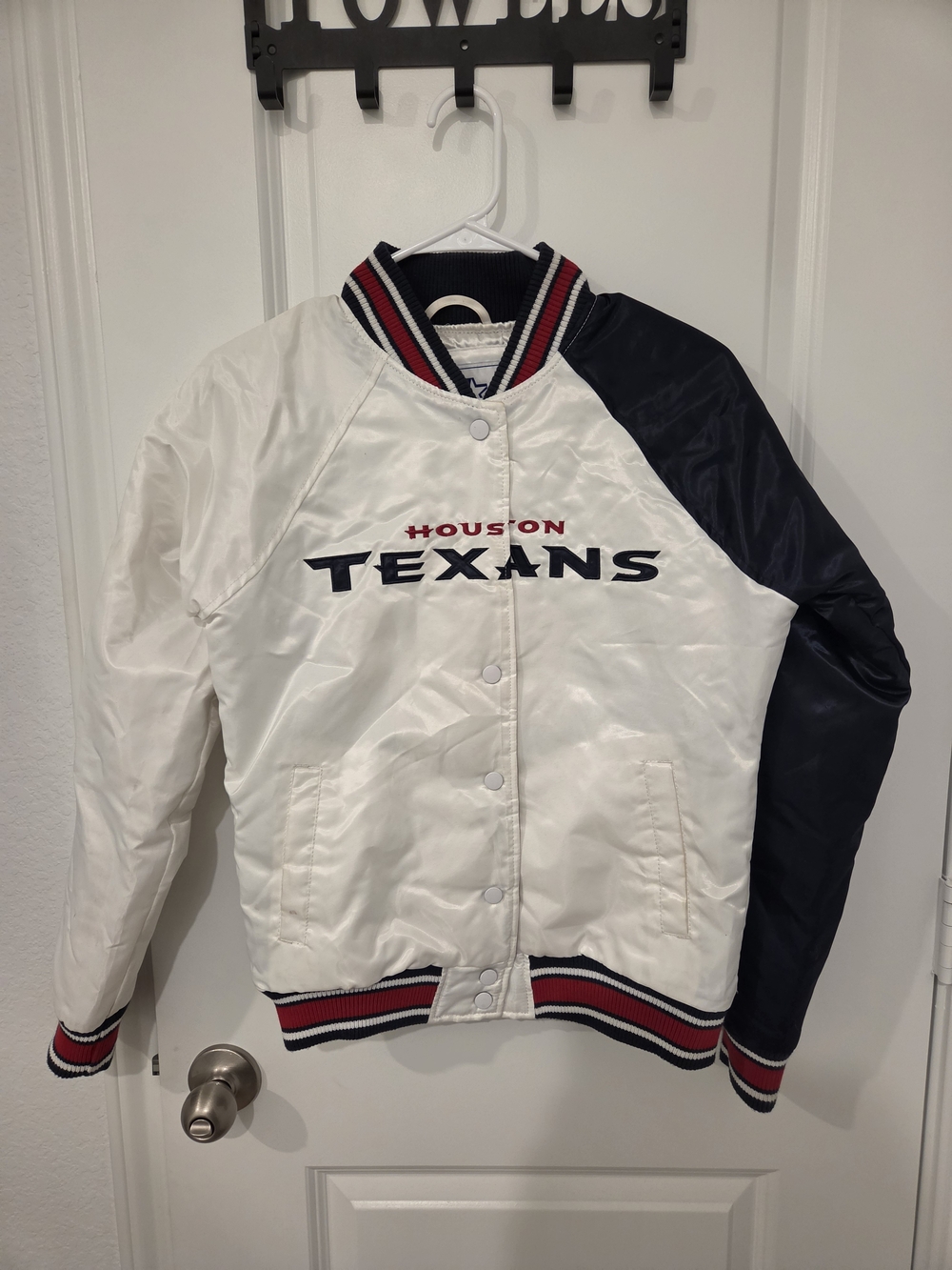 STARTER Houston Texans Satin Varsity Jacket in White, Navy & Red